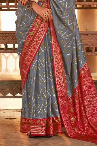 Elora  Gold Printed Patola Silk Blend Saree For Women (Grey)