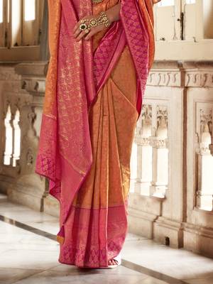 Elora floral printed soft silk banarasi saree for women (orange) 3