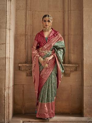 Elora floral printed soft silk banarasi saree for women (green) 1