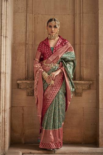 Elora floral printed soft silk banarasi saree for women (green)