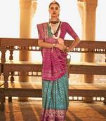 Elora  Gold Printed Patola Silk Blend Saree For Women (Aqua Blue)