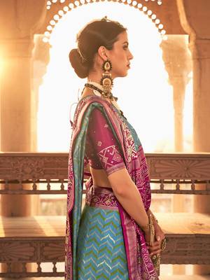 Elora  Gold Printed Patola Silk Blend Saree For Women (Aqua Blue) 2
