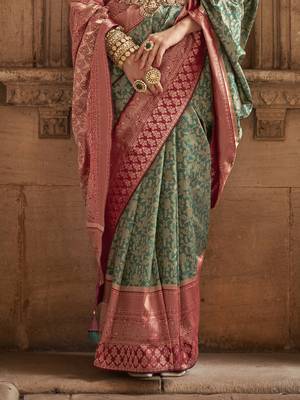 Elora floral printed soft silk banarasi saree for women (green) 4