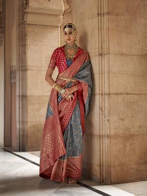 Elora floral printed soft silk banarasi saree for women (blue) 1