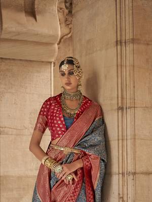 Elora floral printed soft silk banarasi saree for women (blue) 2