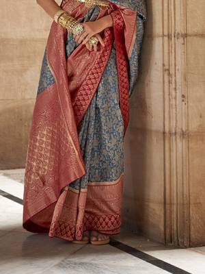 Elora floral printed soft silk banarasi saree for women (blue) 4