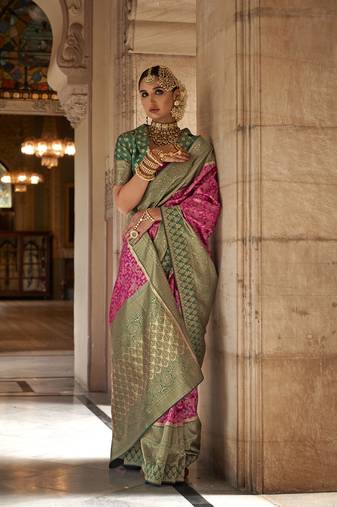 Elora floral printed soft silk banarasi saree for women (pink)