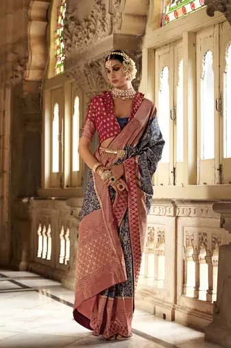 Elora floral printed soft silk banarasi saree for women (dark blue)