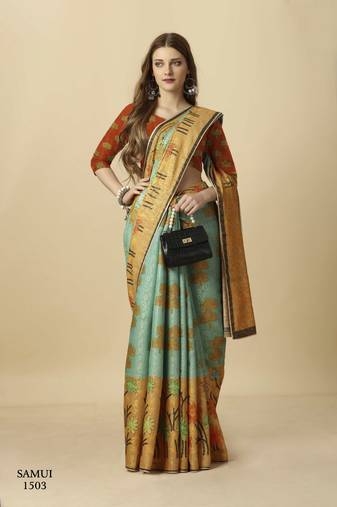 Premium Natural Silk With Jacquard Zari Pure Digital Placement Prints Saree