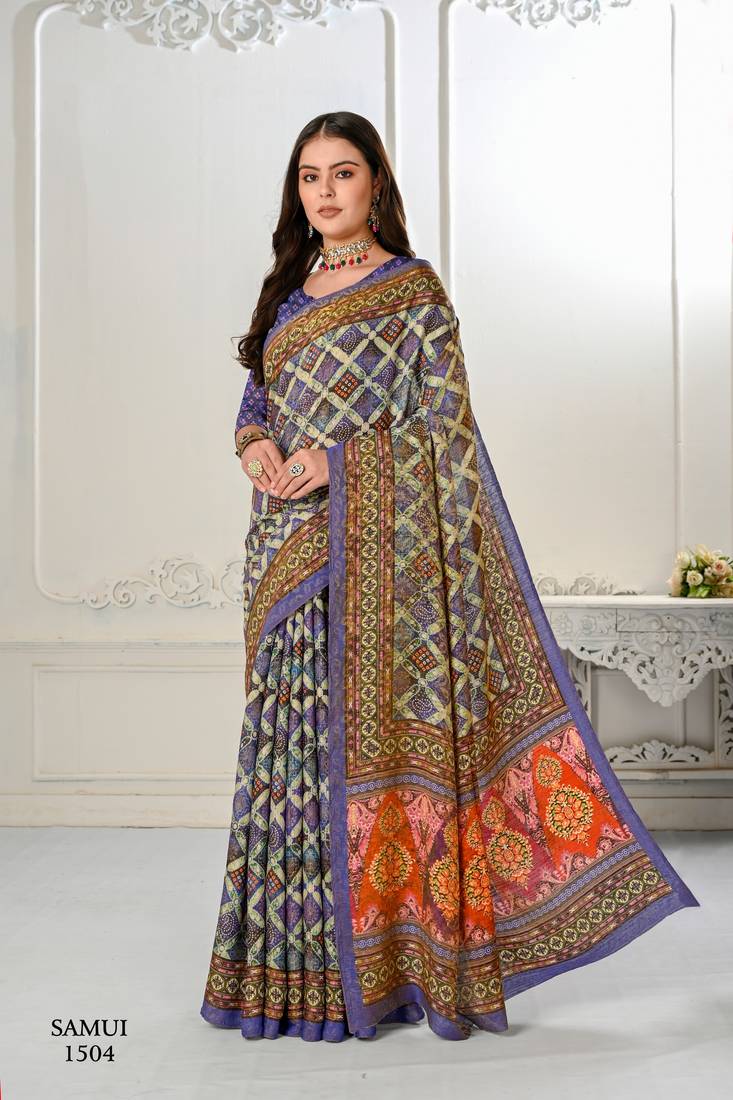 Premium Natural Silk With Jacquard Zari Pure Digital Placement Prints Saree