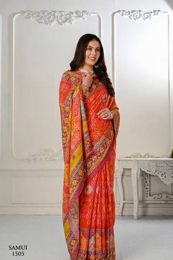 Premium Natural Silk With Jacquard Zari Pure Digital Placement Prints Saree