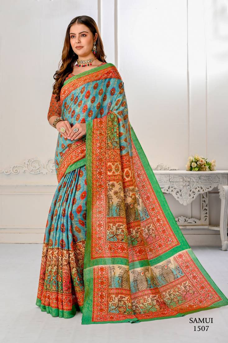 Premium Natural Silk With Jacquard Zari Pure Digital Placement Prints Saree