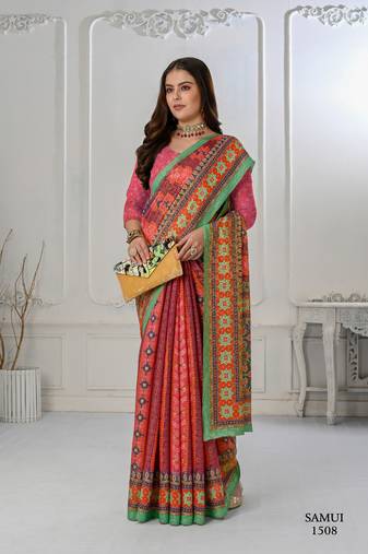 Premium Natural Silk With Jacquard Zari Pure Digital Placement Prints Saree