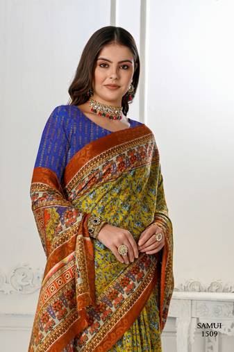 Premium Natural Silk With Jacquard Zari Pure Digital Placement Prints Saree
