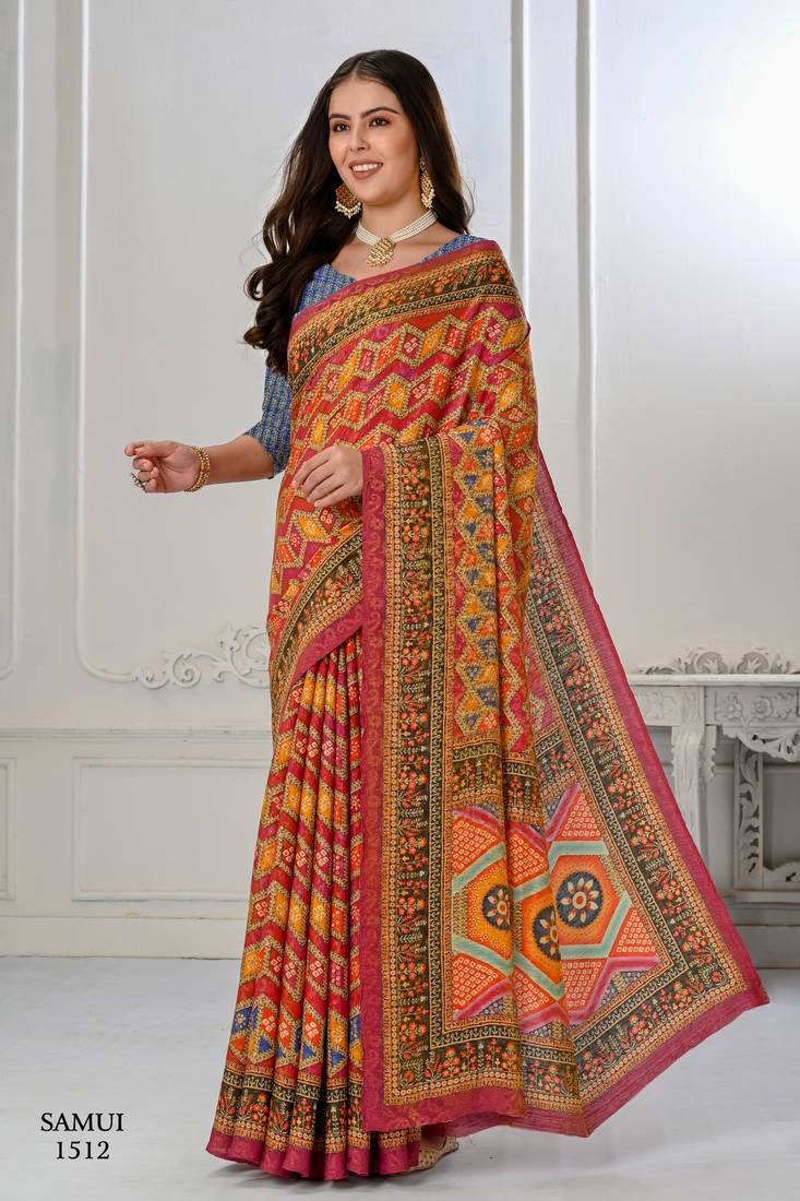 Premium Natural Silk With Jacquard Zari Pure Digital Placement Prints Saree