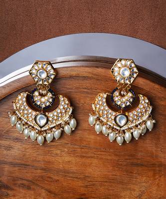 Gold finish semi-precious dark blue and zircon diamond studded chaandbaali earrings 2