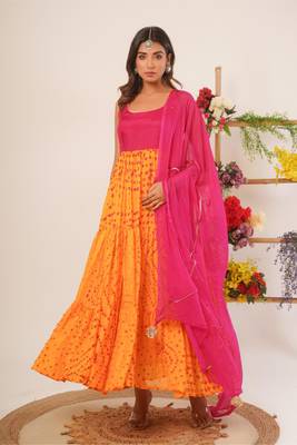 Yellow & magenta anarkali kurti with dupatta 1