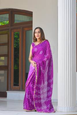 Purple bandhani saree set (stitched blouse) 1