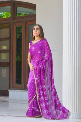 Purple bandhani saree set (stitched blouse) 4