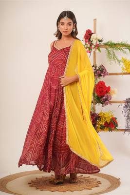 Maroon bandhani anarkali kurti with dupatta 1