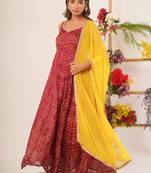 Maroon bandhani anarkali kurti with dupatta