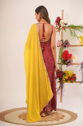 Maroon bandhani anarkali kurti with dupatta