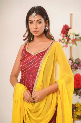 Maroon bandhani anarkali kurti with dupatta