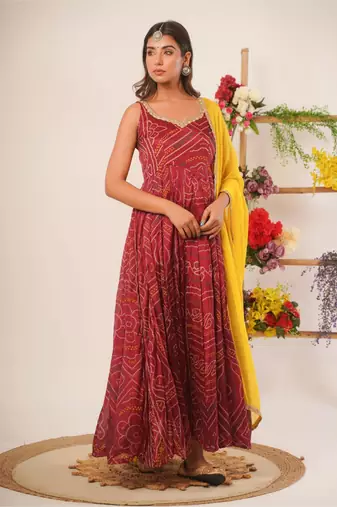 Maroon bandhani anarkali kurti with dupatta