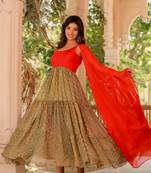 Red and brown bandhani anarkali kurti with dupatta