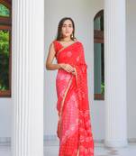 Red bandhani saree set ( stitched blouse)