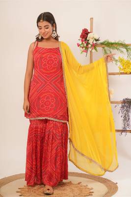Red bandhani sharara set with dupatta 1
