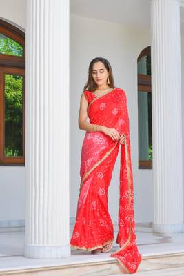 Red bandhani saree set ( stitched blouse) 3