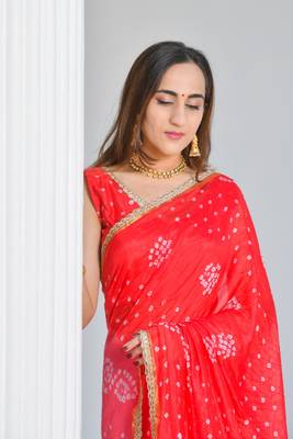 Red bandhani saree set ( stitched blouse) 4