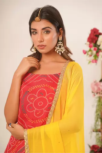 Red bandhani sharara set with dupatta