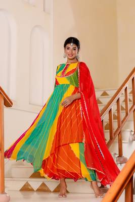 Multicolor leheriya anarkali kurti with dupatta 1