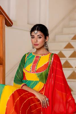 Multicolor leheriya anarkali kurti with dupatta 3