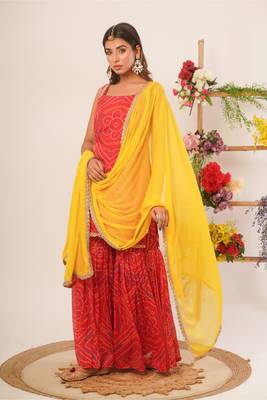 Red bandhani sharara set with dupatta 4