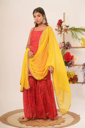 Red bandhani sharara set with dupatta