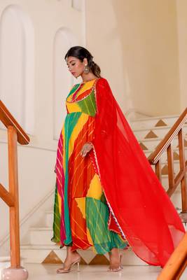 Multicolor leheriya anarkali kurti with dupatta 4
