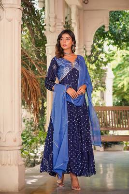 Blue bandhani anarkali kurti with dupatta 1
