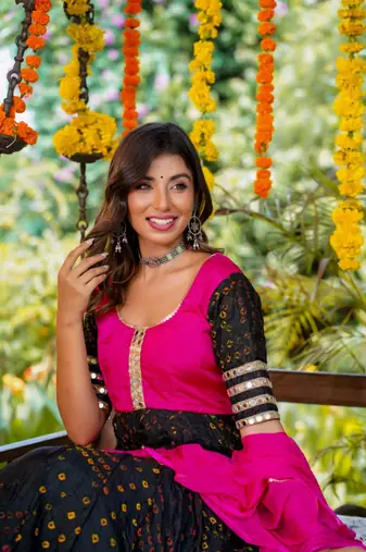 Black bandhani anarkali set with dupatta