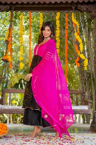 Black bandhani anarkali set with dupatta