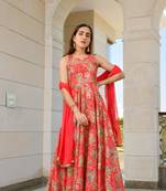 Red sequined anarkali kurti with dupatta