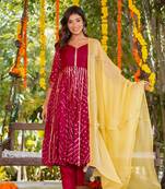 Maroon bandhani anarkali set with dupatta