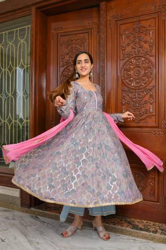 Grey embroidered anarkali palazzo set with dupatta