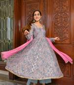 Grey embroidered anarkali palazzo set with dupatta