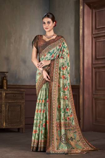 Premium Natural Silk With Jacquard Zari Pure Digital Placement Prints Saree