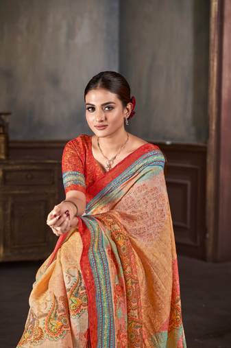 Premium Natural Silk With Jacquard Zari Pure Digital Placement Prints Saree
