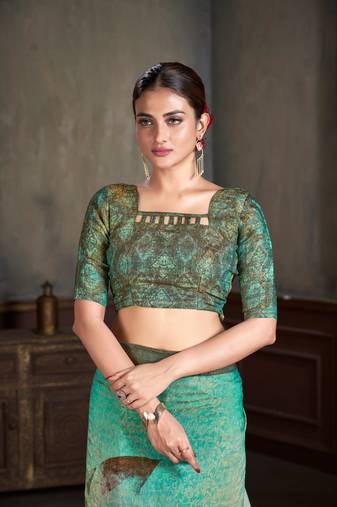 Premium Natural Silk With Jacquard Zari Pure Digital Placement Prints Saree