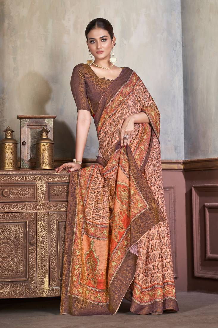 Premium Natural Silk With Jacquard Zari Pure Digital Placement Prints Saree